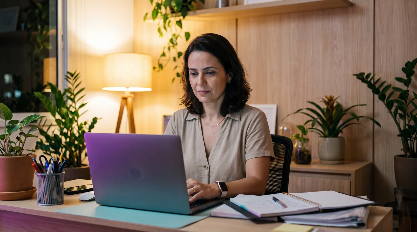 Uma mulher trabalha no notebook à noite, em um escritório com plantas.