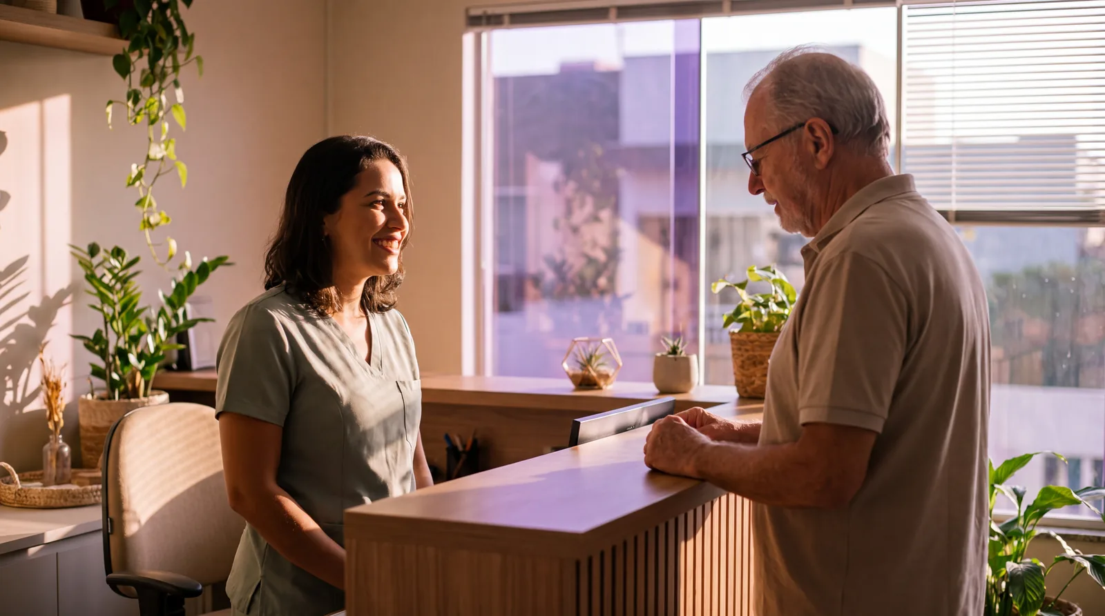 Uma profissional conversa com um cliente idoso no balcão de uma clínica.